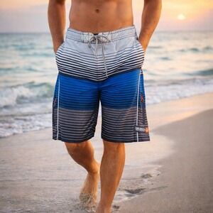 Free Country Mens XL Aqua Tech Series Swim Trunks Blue Grey Striped Board Shorts